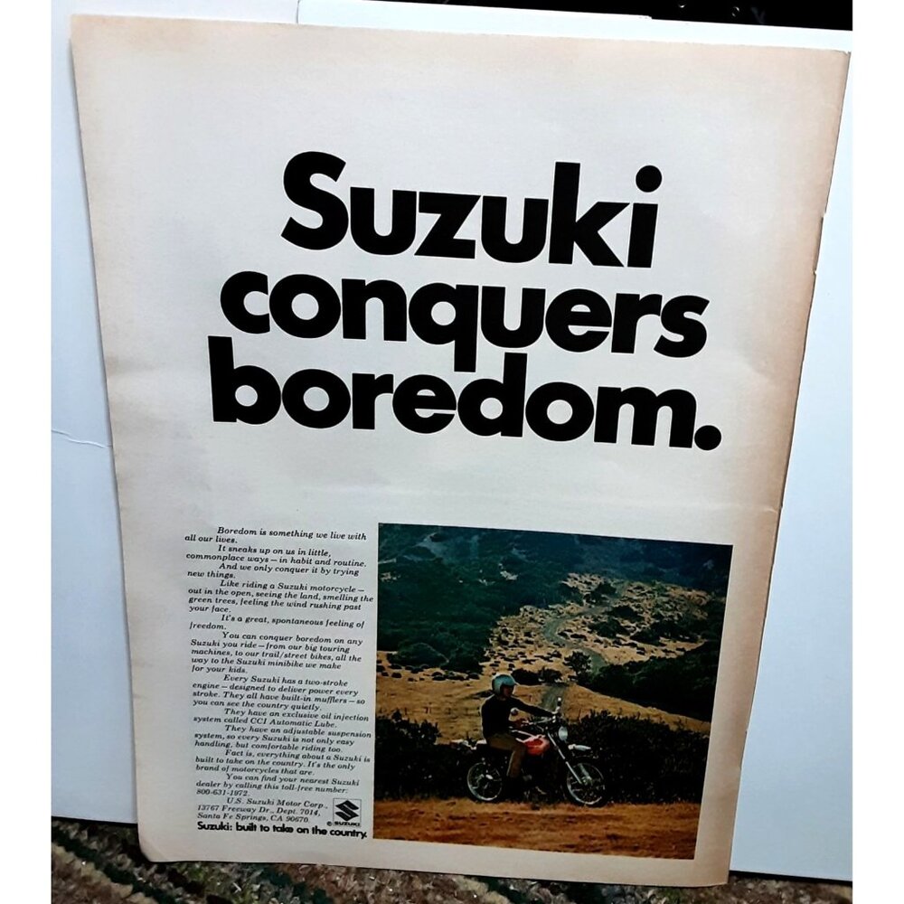 1972 Suzuki Motorcycle and Labatt Beer with Ford LTD car Original Print ad 70s